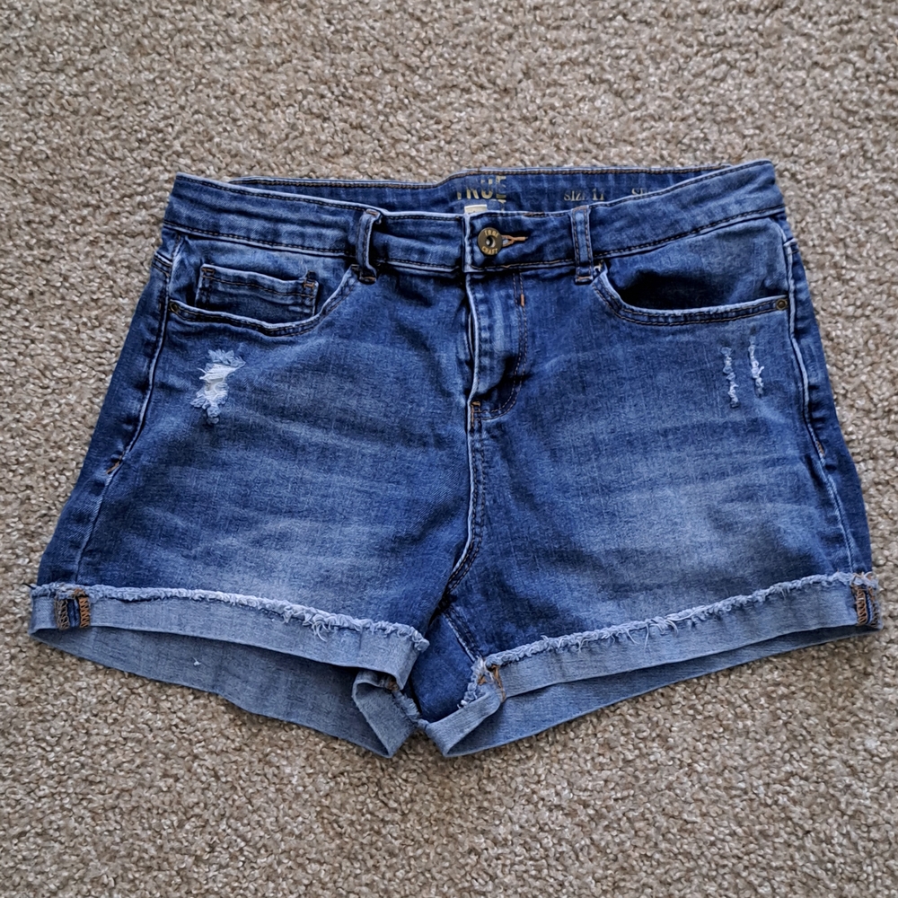 True Craft Blue Jean Shorts with Cuffed Hem and Distressed Look